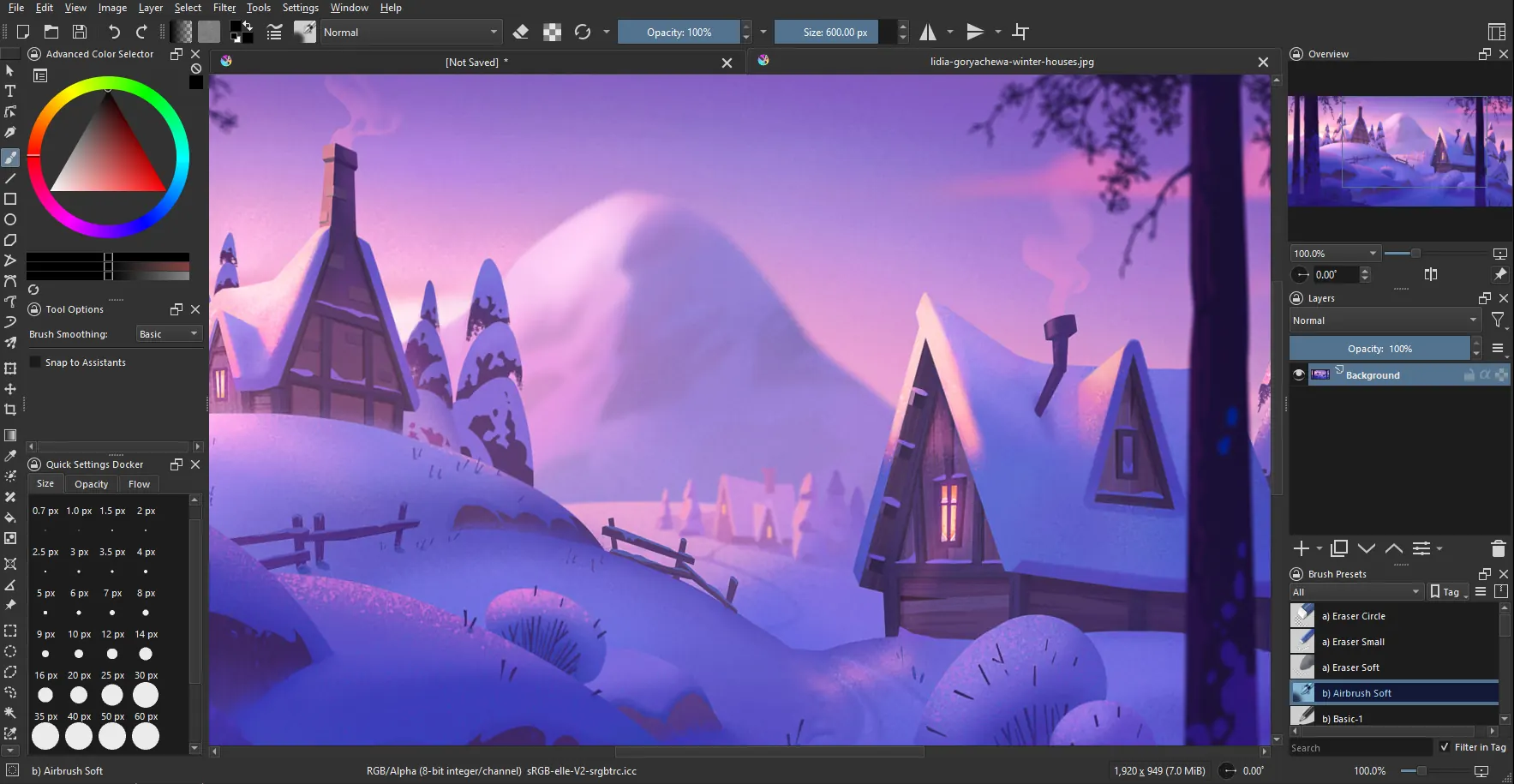 Krita workspace showing canvas with layer docker and filters