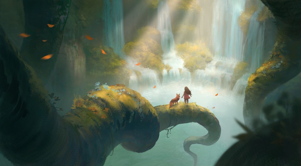 Lush forest waterfall scene with a traveler and fox companion