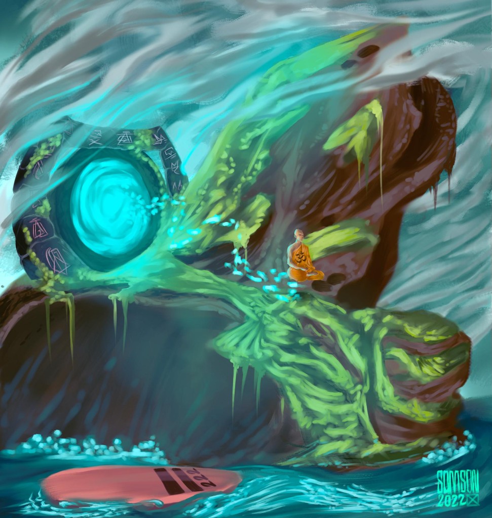 Monk meditating before a glowing mountain portal at dawn