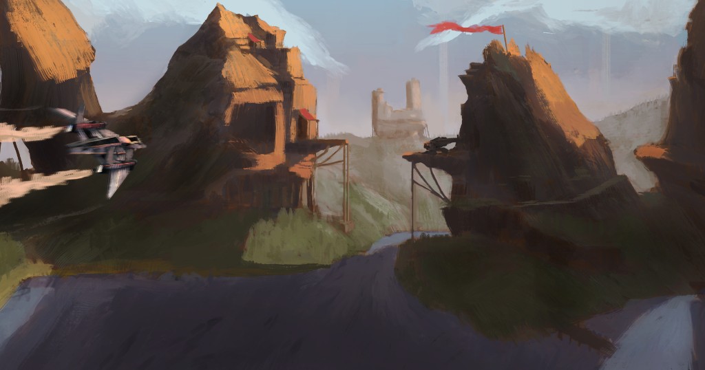 Science-fiction patrol craft flying over alien mountain ranges