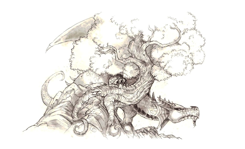 خيال tree dragon concept study painted digitally in Krita